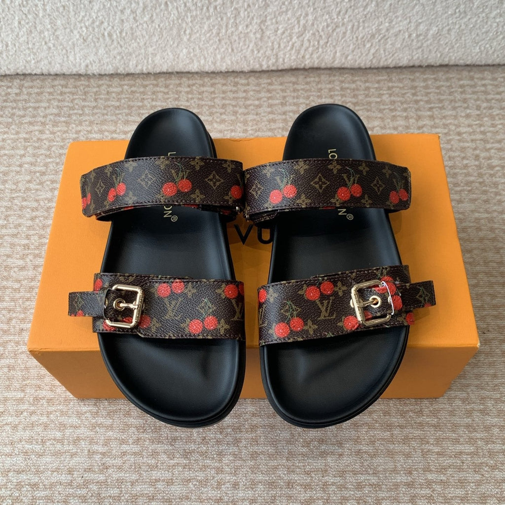 Bom Dia Flat Comfort Mule LV x TM Brown Sheepskin Mix Cherry Motif 319378