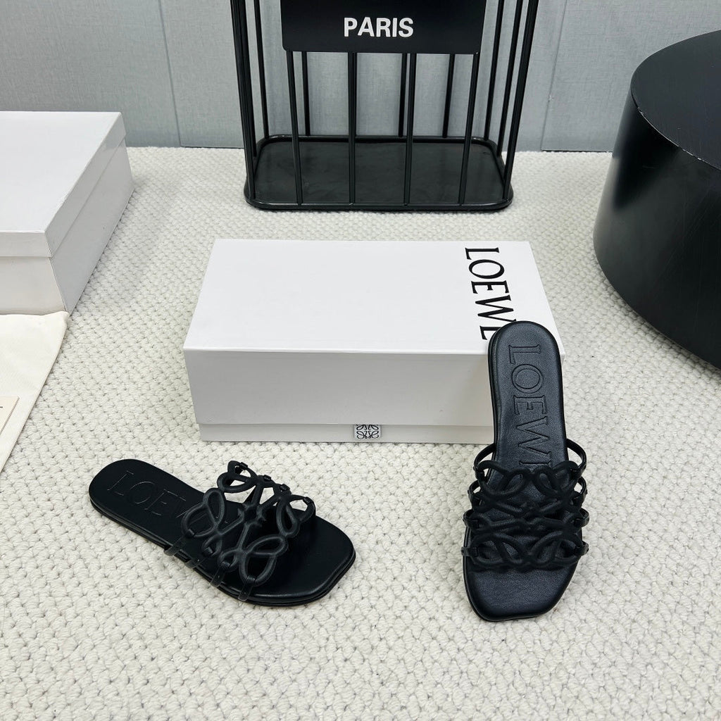 Loewe 25 Petal Anagram Slides Black Cowhide