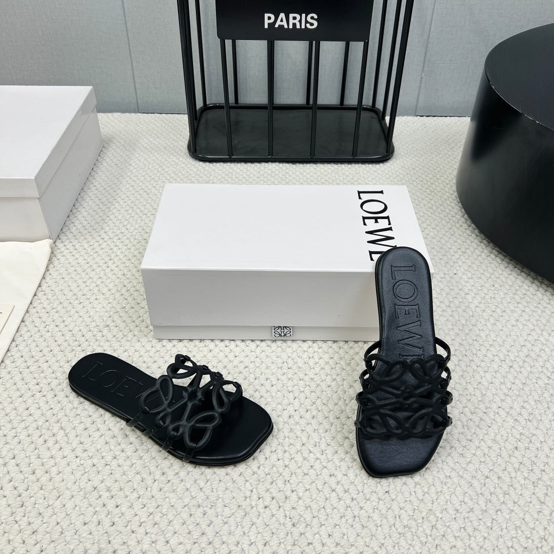 Loewe 25 Petal Anagram Slides Black Cowhide