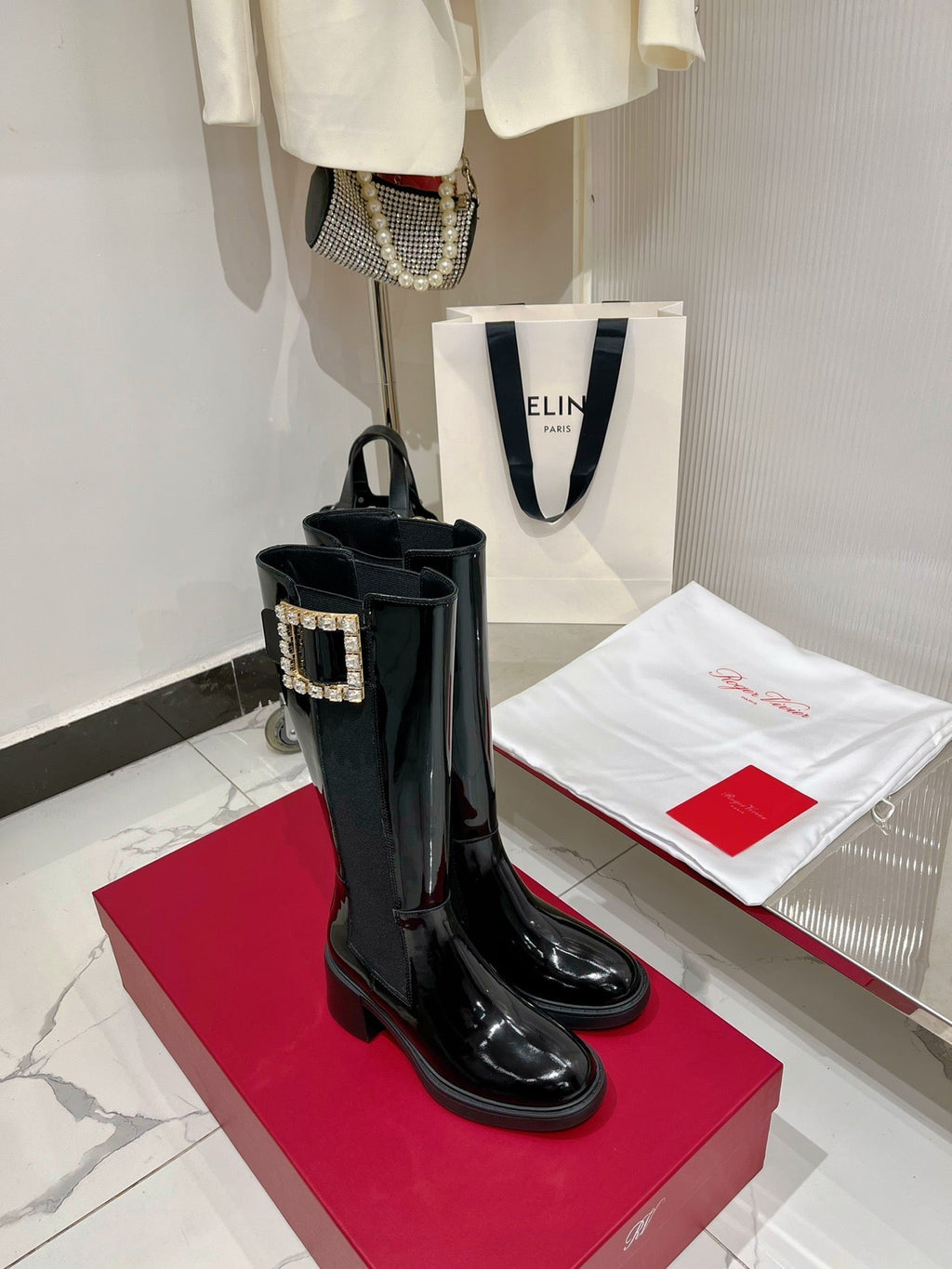 Viv Diamond High Boots Black Cowhide Patent Leather 365205