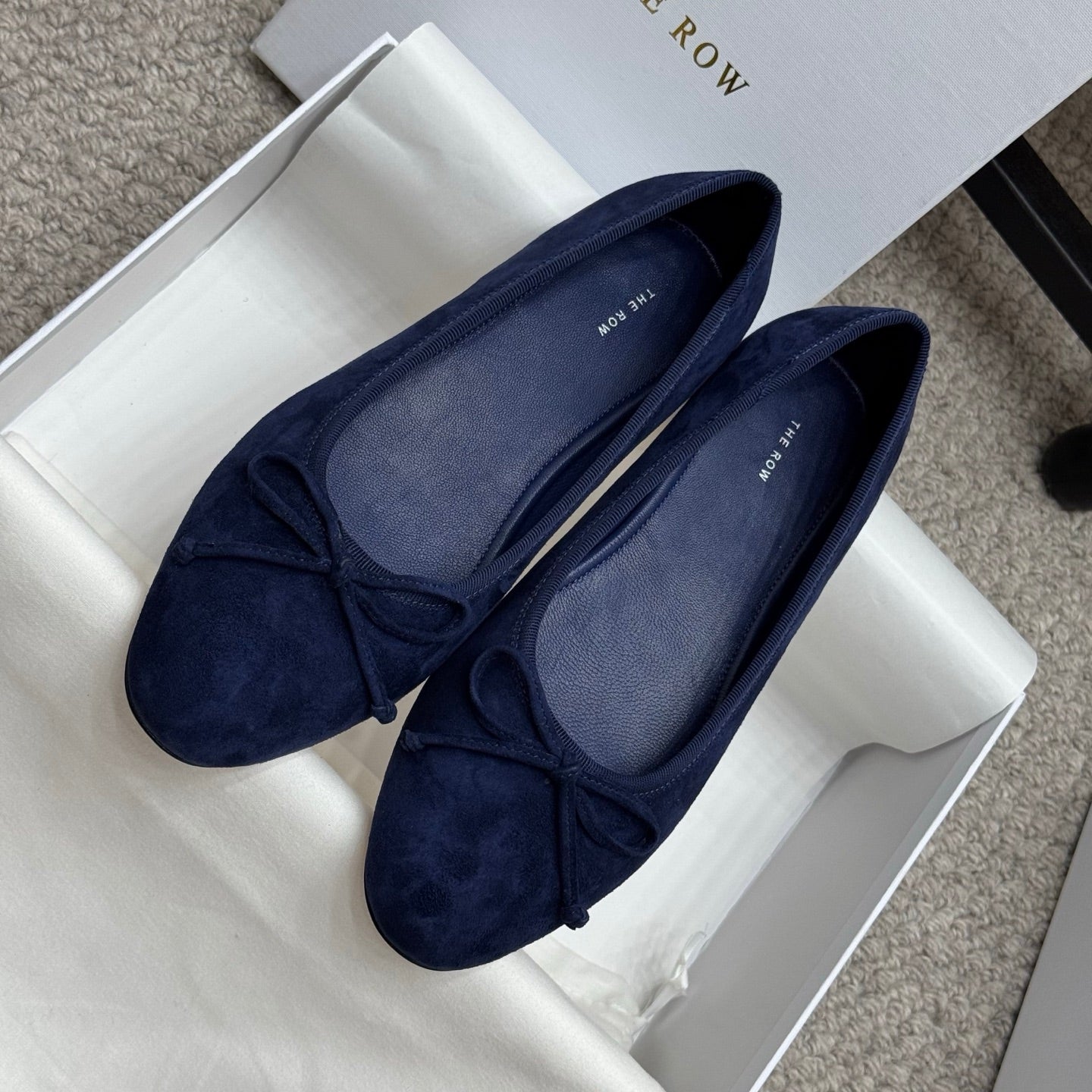 The Row Ballet Flats Bow Dark Blue Suede 290738