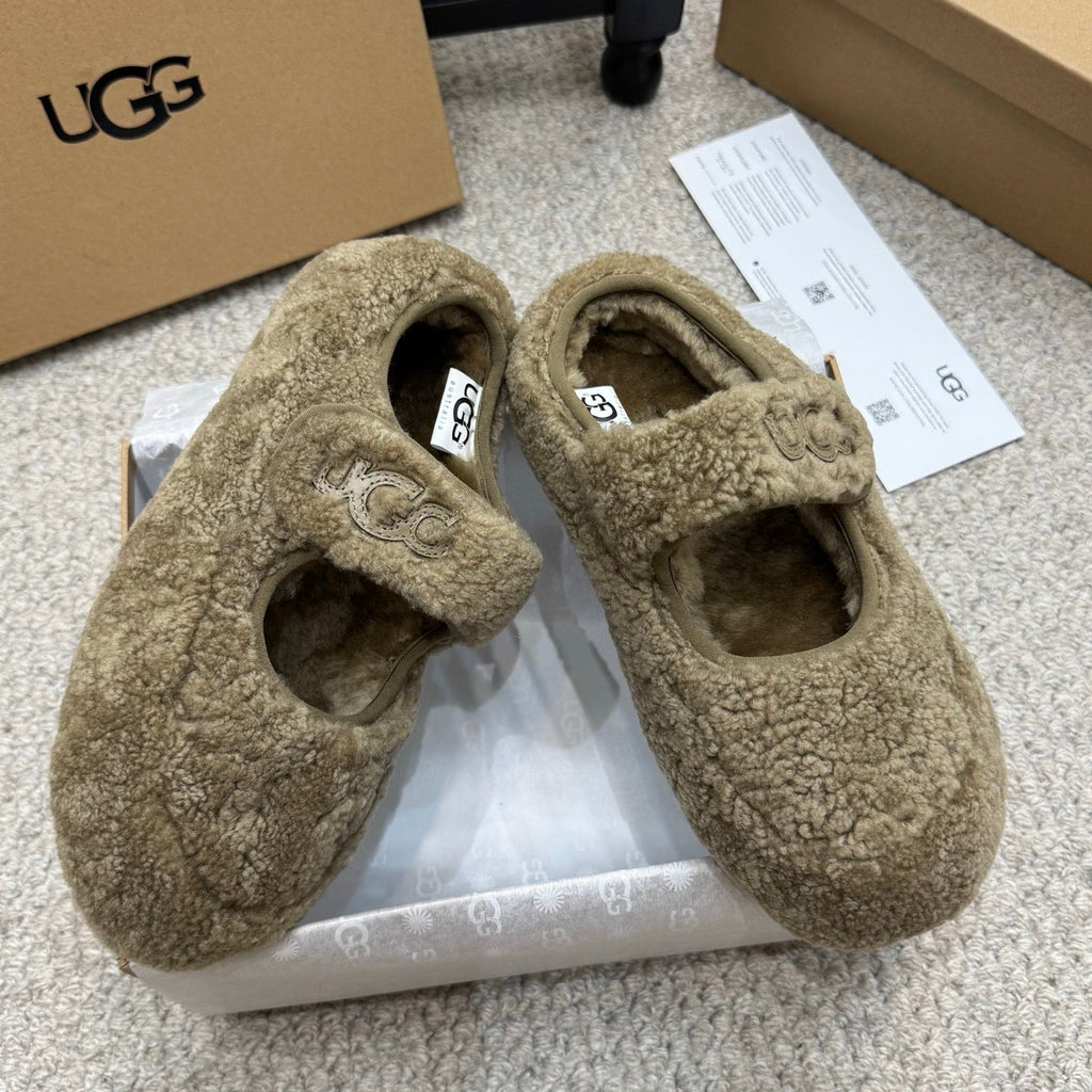 UGG Logo Mary Jane Flat Khaki Brown Wool 523101