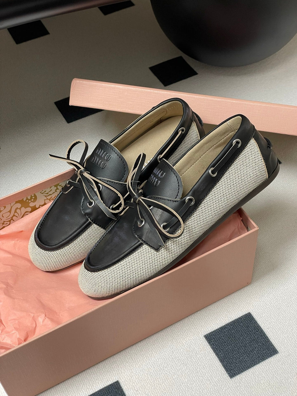 Miumiu Beige and Black canvas leather loafer 227140