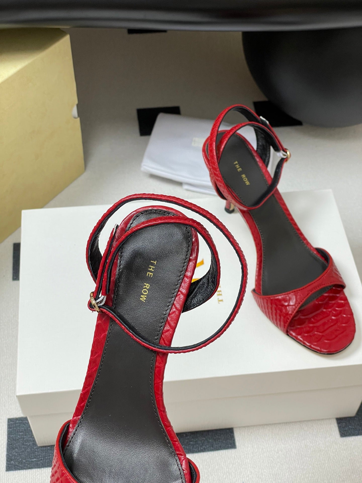 The Row 25S Strap High Heel Sandals 85mm Red Snake Pattern Cowhide 286187