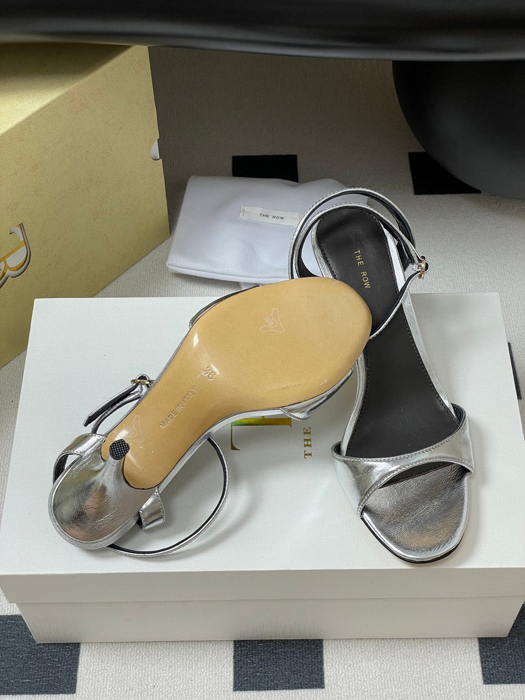 The Row 25S Strap High Heel Sandals 85mm Black Mix Sliver Metallic Cowhide