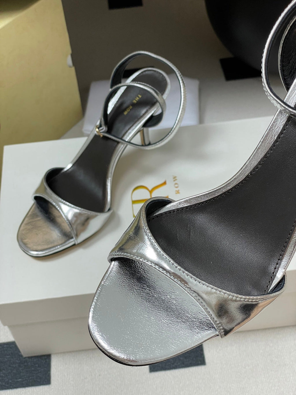 The Row 25S Strap High Heel Sandals 85mm Black Mix Sliver Metallic Cowhide