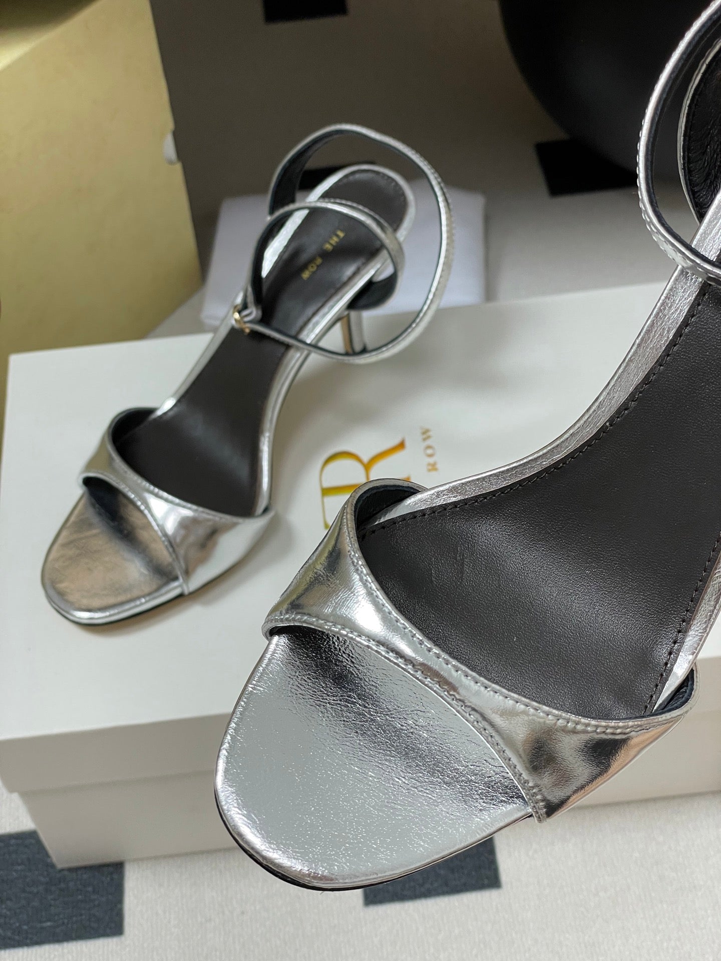 The Row 25S Strap High Heel Sandals 85mm Black Mix Sliver Metallic Cowhide