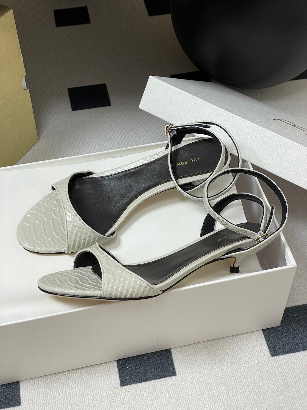 The Row 25S Strap High Heel Sandals 35mm White Snake Pattern Cowhide 286196