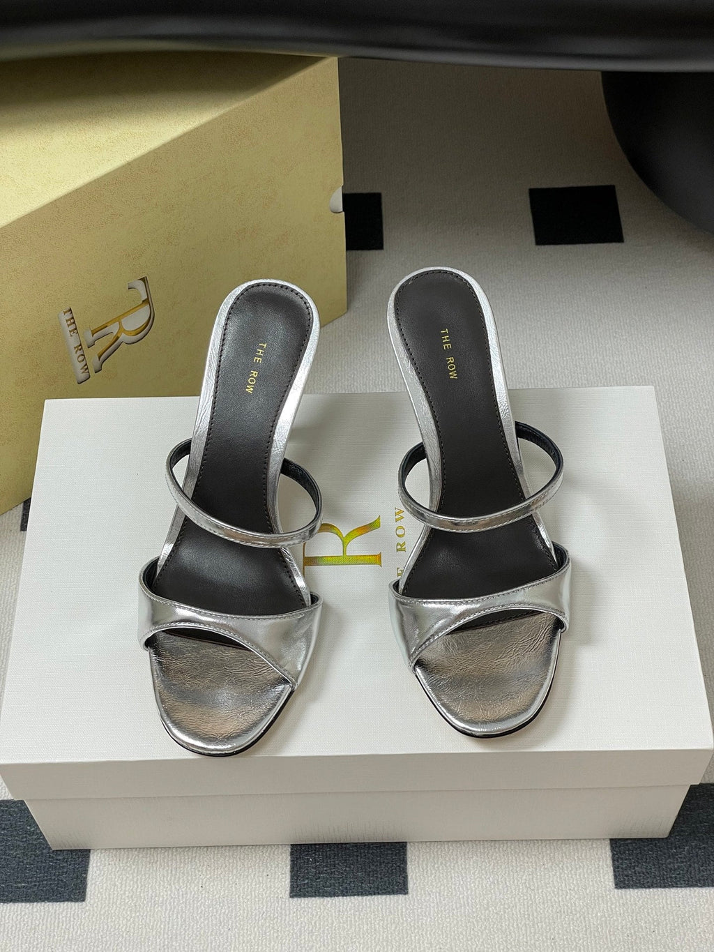 The Row 25S Strap High Heel Mule Sandals 85mm Black Mix Silver Metallic Cowhide 286209