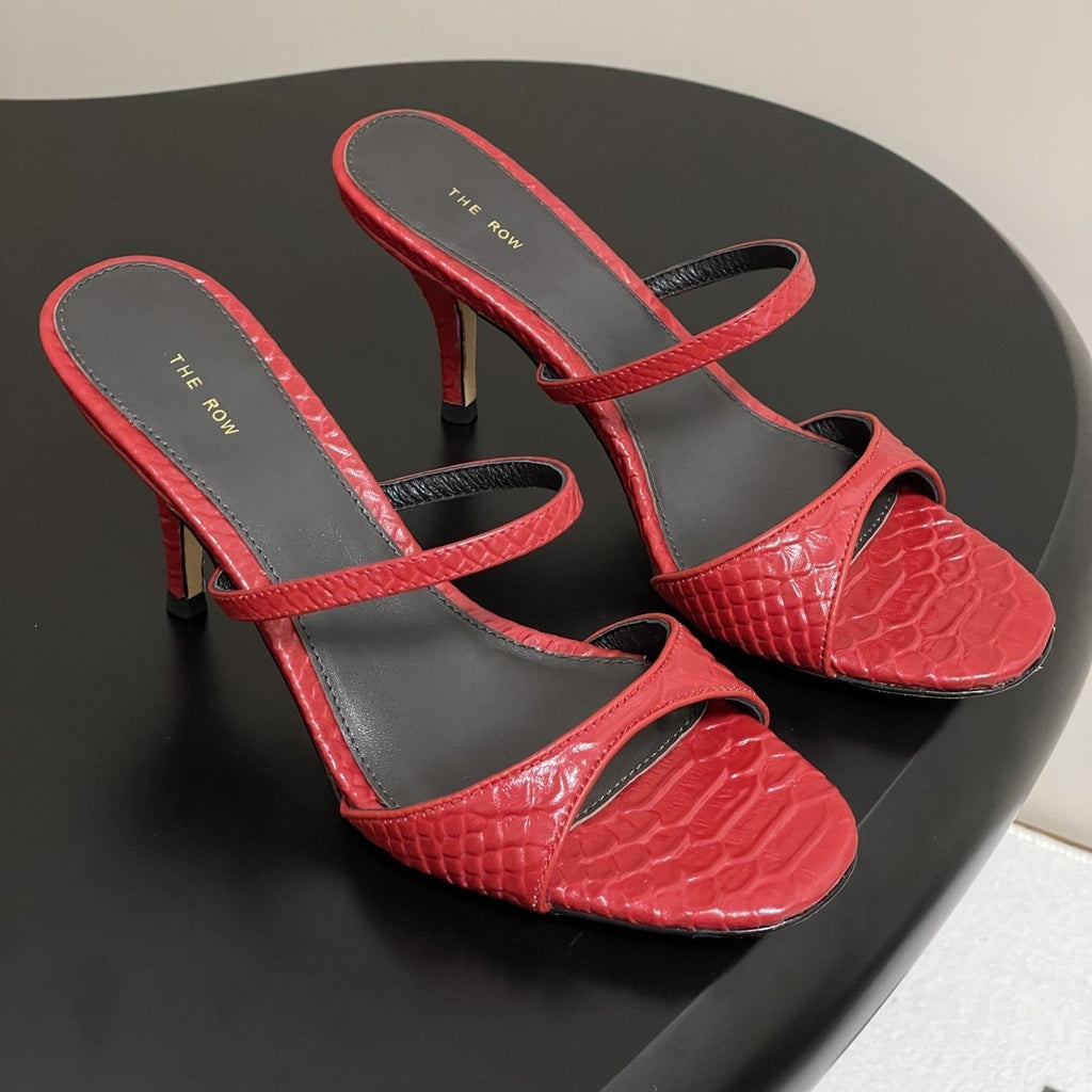 The Row 25S Strap High Heel Mule Sandals 85mm Red Snake Pattern Cowhide 286203