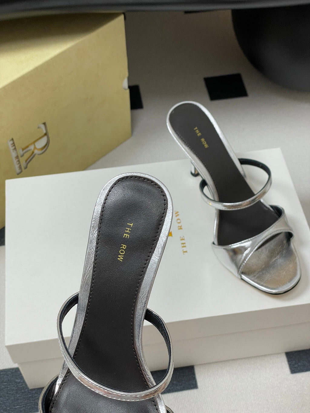 The Row 25S Strap High Heel Mule Sandals 85mm Black Mix Silver Metallic Cowhide 286209