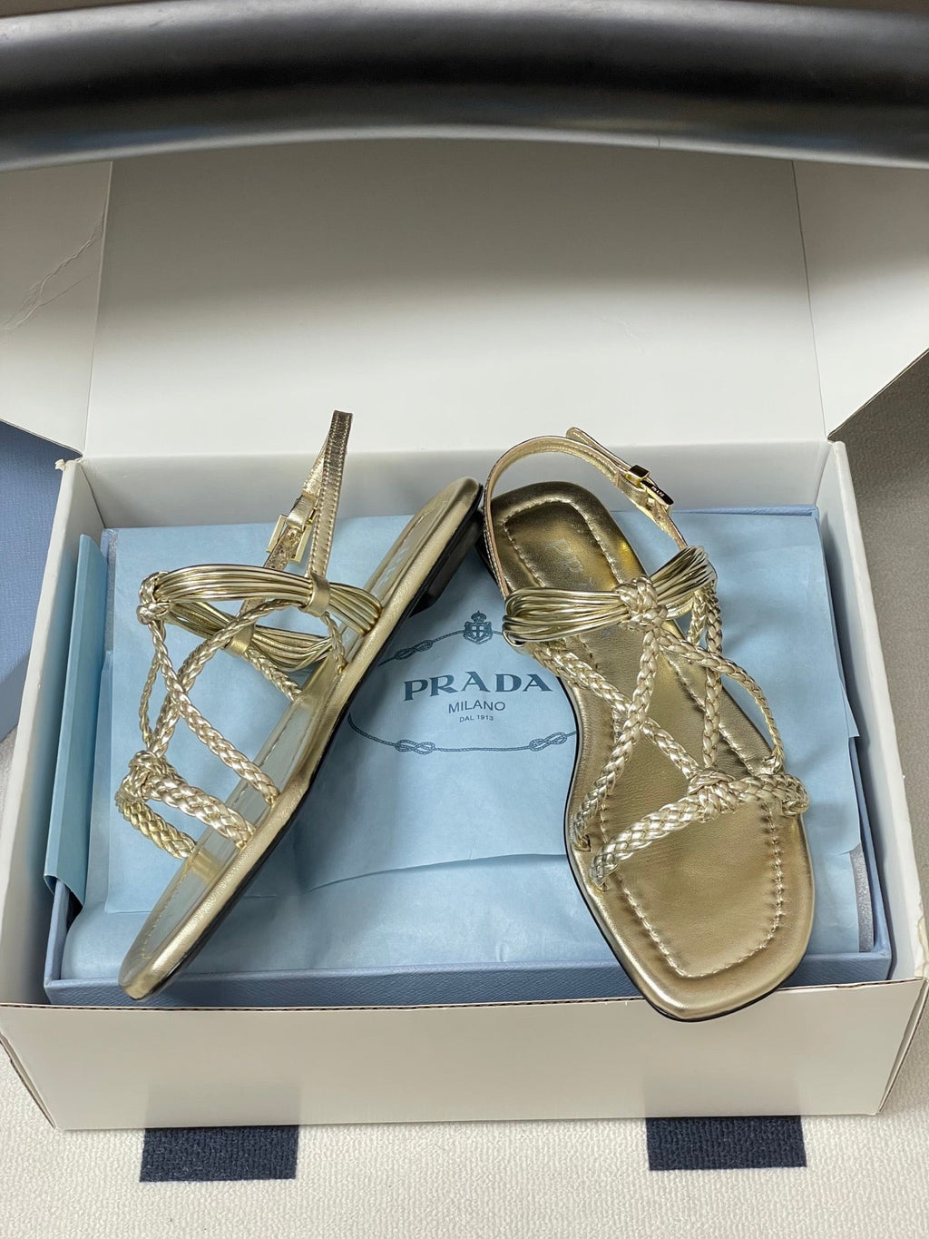 Prada Strappy Flat Sandals Gold Sheepskin 834809