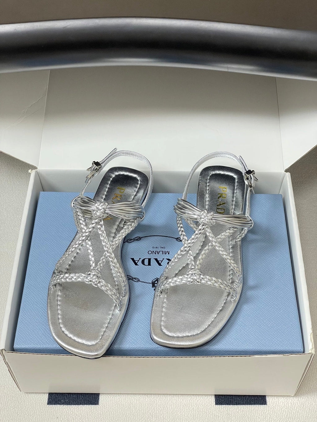 Prada Strappy Flat Sandals Sliver Sheepskin 834810