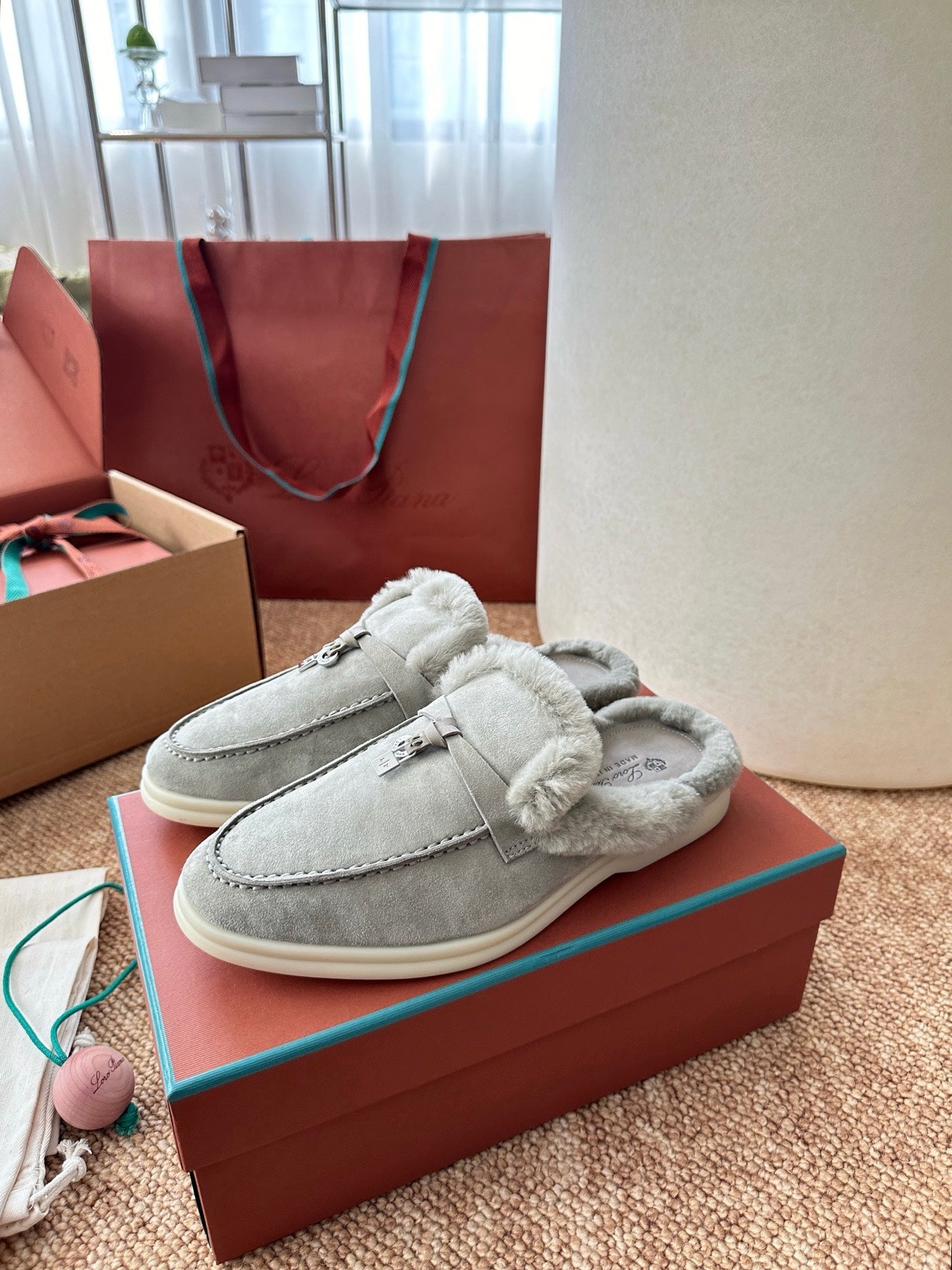 Loro Piana Charms Walk Flat Mules Gray-Green Suede Fur 623534