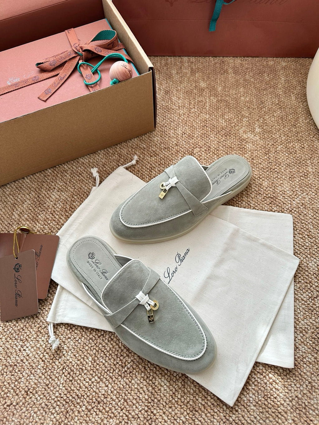 Loro Piana Charms Walk Flat Mules Targan GreenSuede 623545