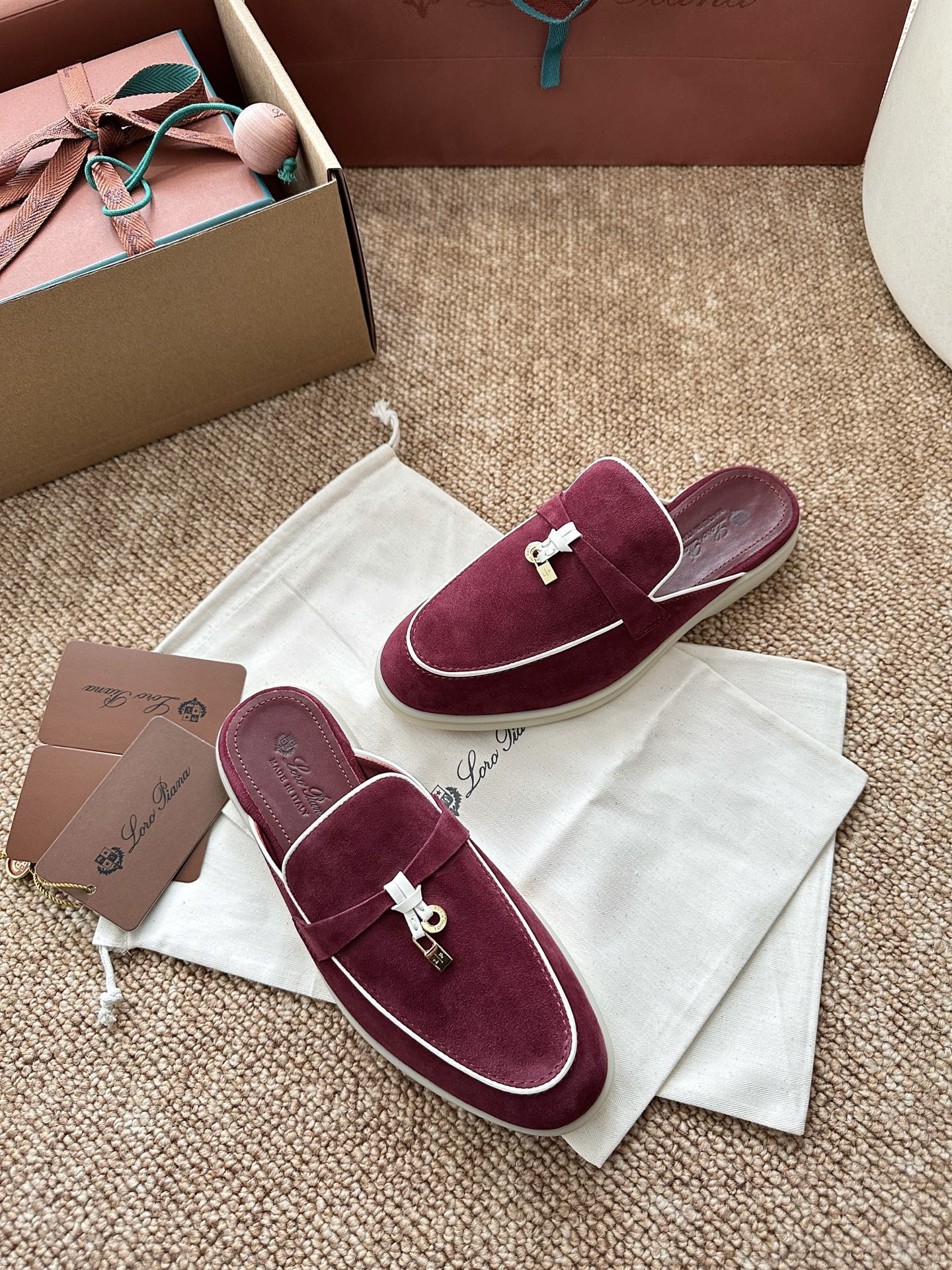 Loro Piana Charms Walk Flat Mules Burgundy Suede 623547