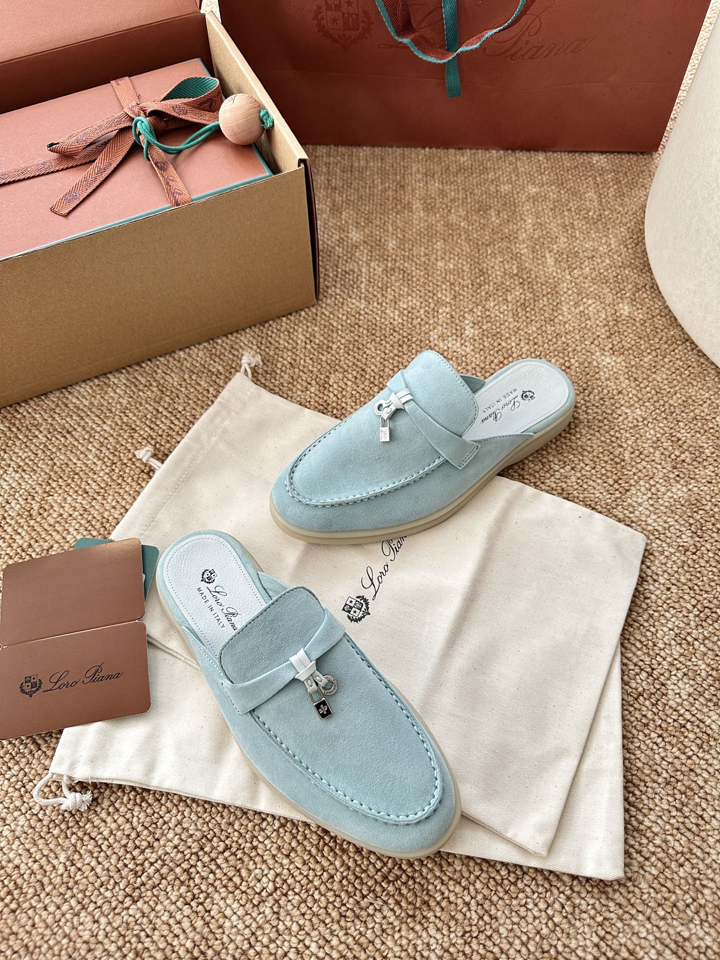 Loro Piana Charms Walk Flat Mules Pale Blue Suede 623551