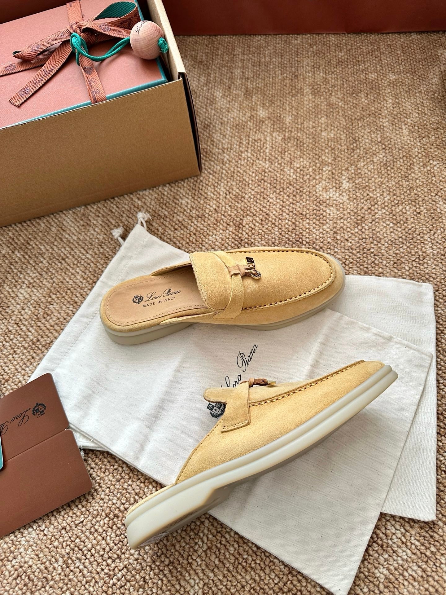 Loro Piana Charms Walk Flat Mules Saffron Tea Suede 623559