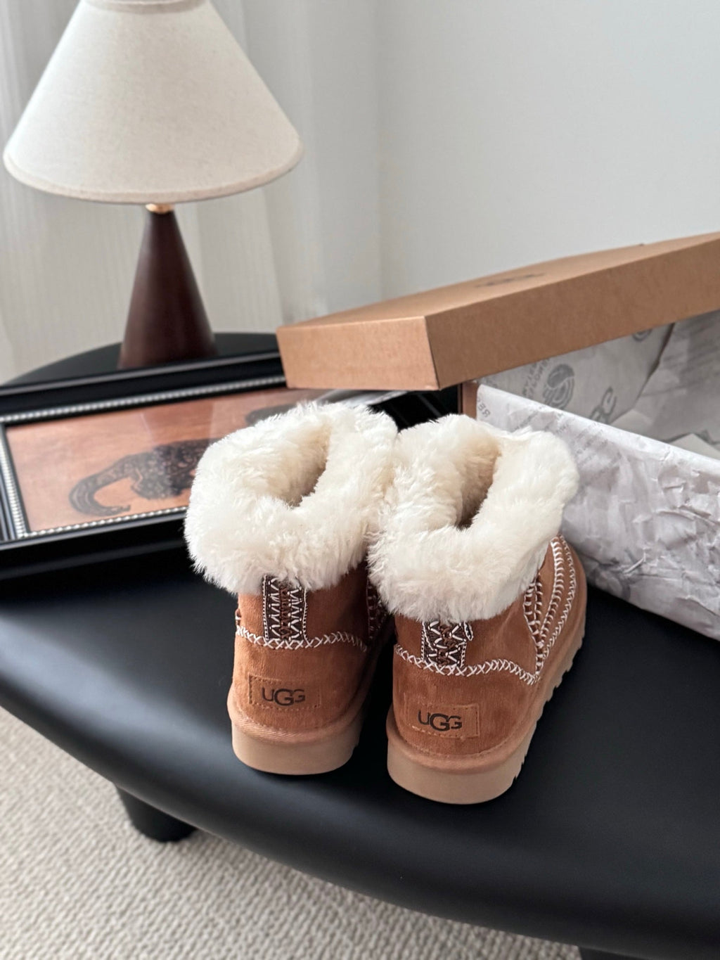UGG Classic Ultra Mini Alpine Boots Brown White Wool Suede 508049