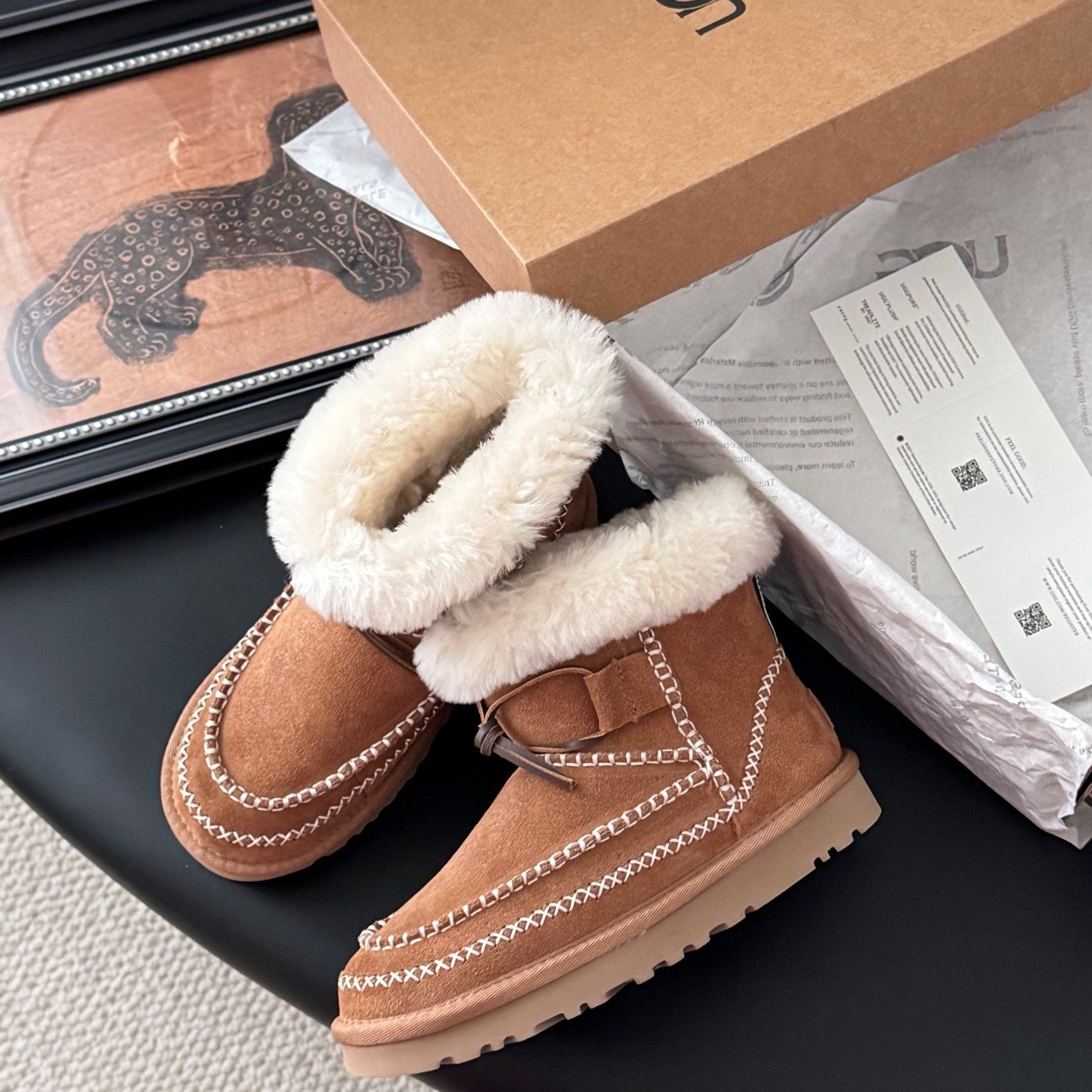 UGG Classic Ultra Mini Alpine Boots Brown White Wool Suede 508049