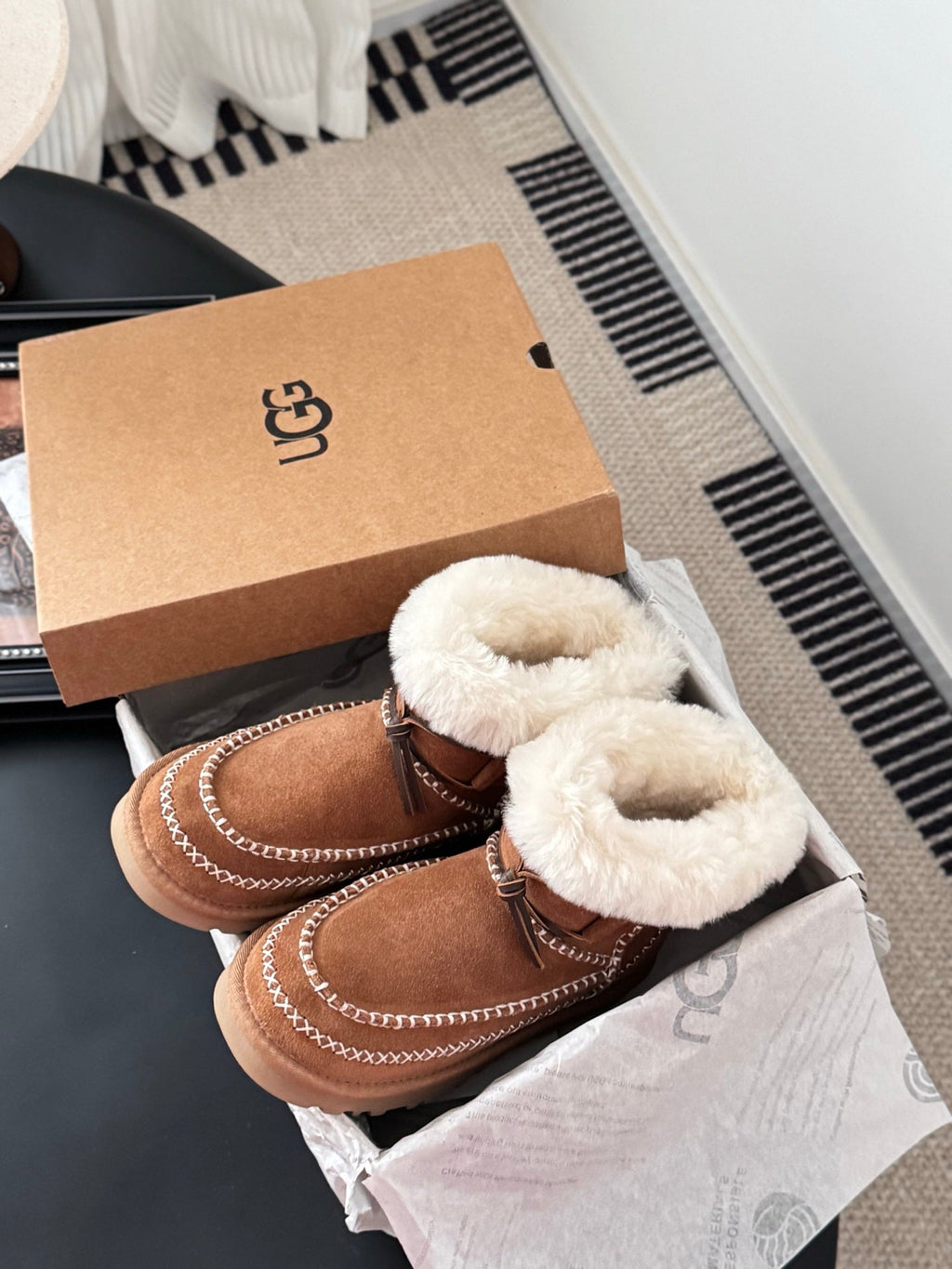 UGG Classic Ultra Mini Alpine Boots Brown White Wool Suede 508049