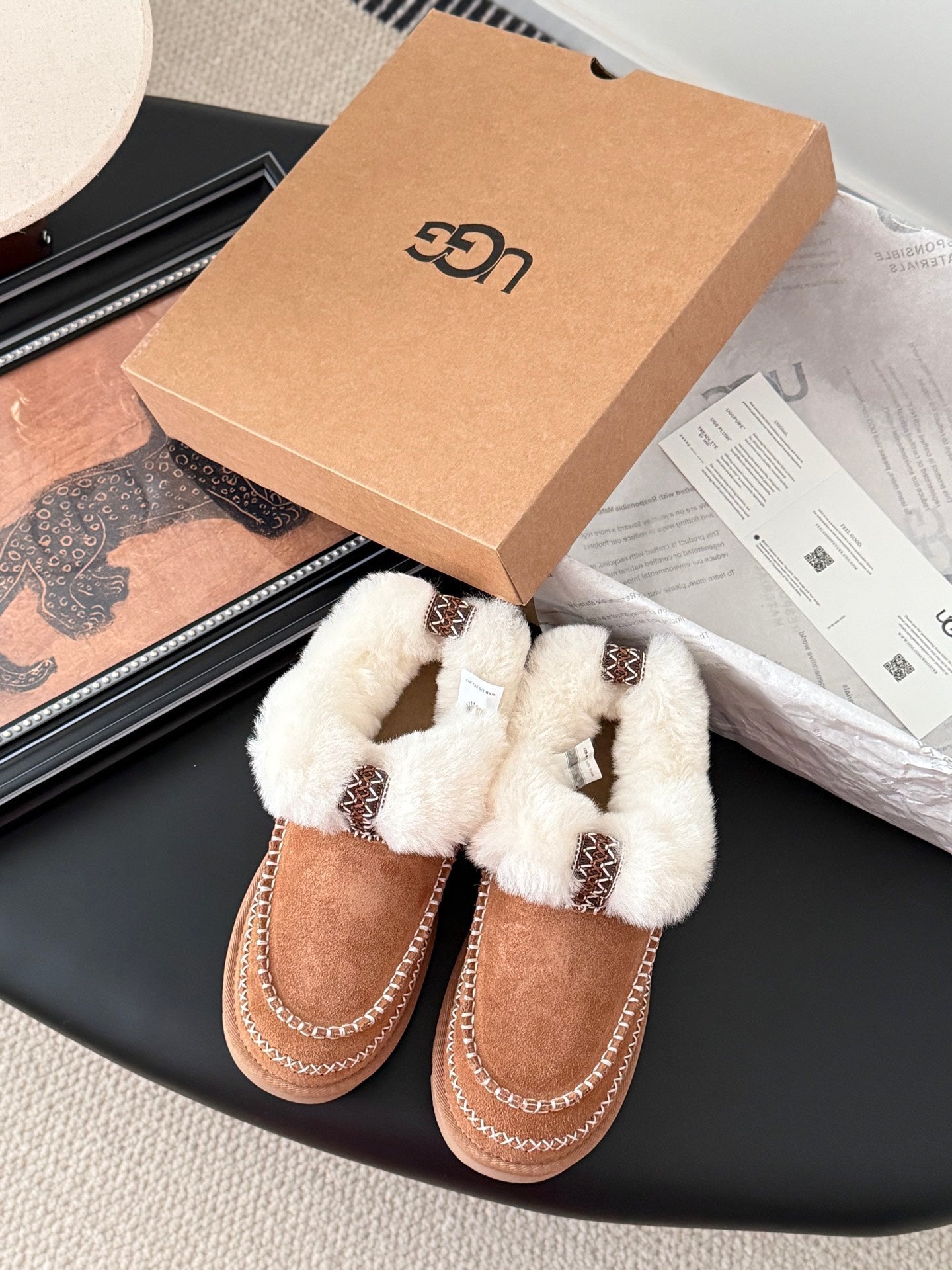UGG Classic Ultra Mini Alpine Boots Brown White Wool Suede 508053