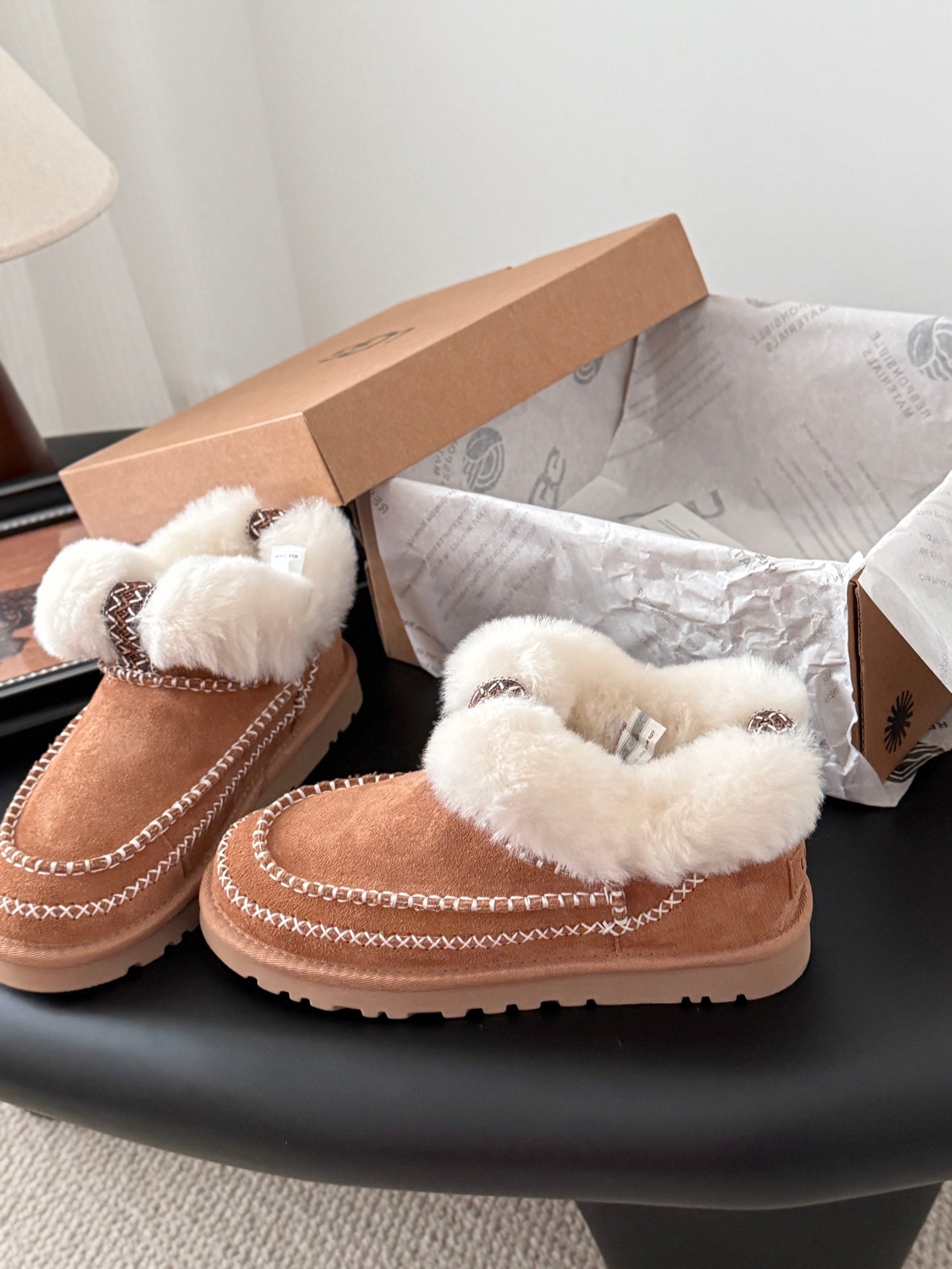 UGG Classic Ultra Mini Alpine Boots Brown White Wool Suede 508053