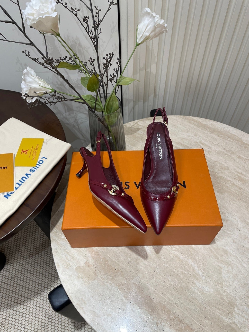 HIGH SLINGBACKS 5 CM IN BURGUNDY RED CALFSKIN