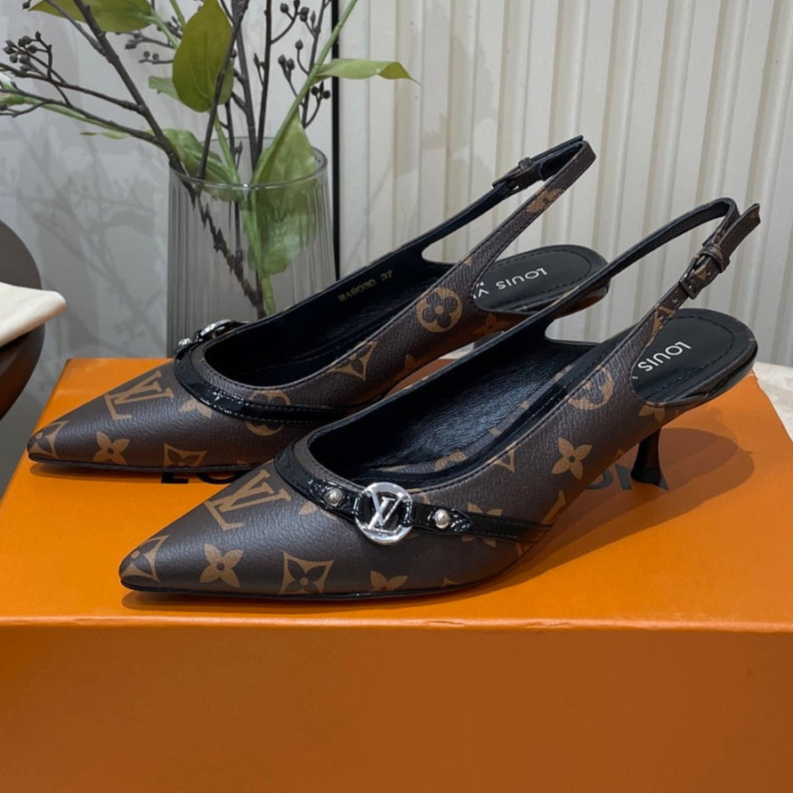 HIGH SLINGBACKS 5 CM IN CHOCOLATE BROWN MONOGRAM CALFSKIN
