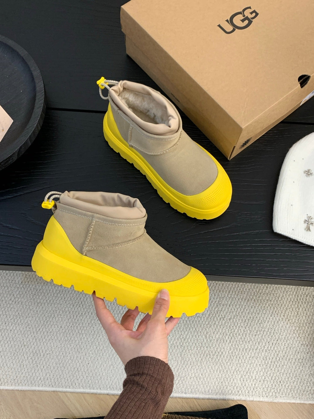 UGG Ultra Mini Ankle Boots Taupe Yellow Suede Rubber 512898