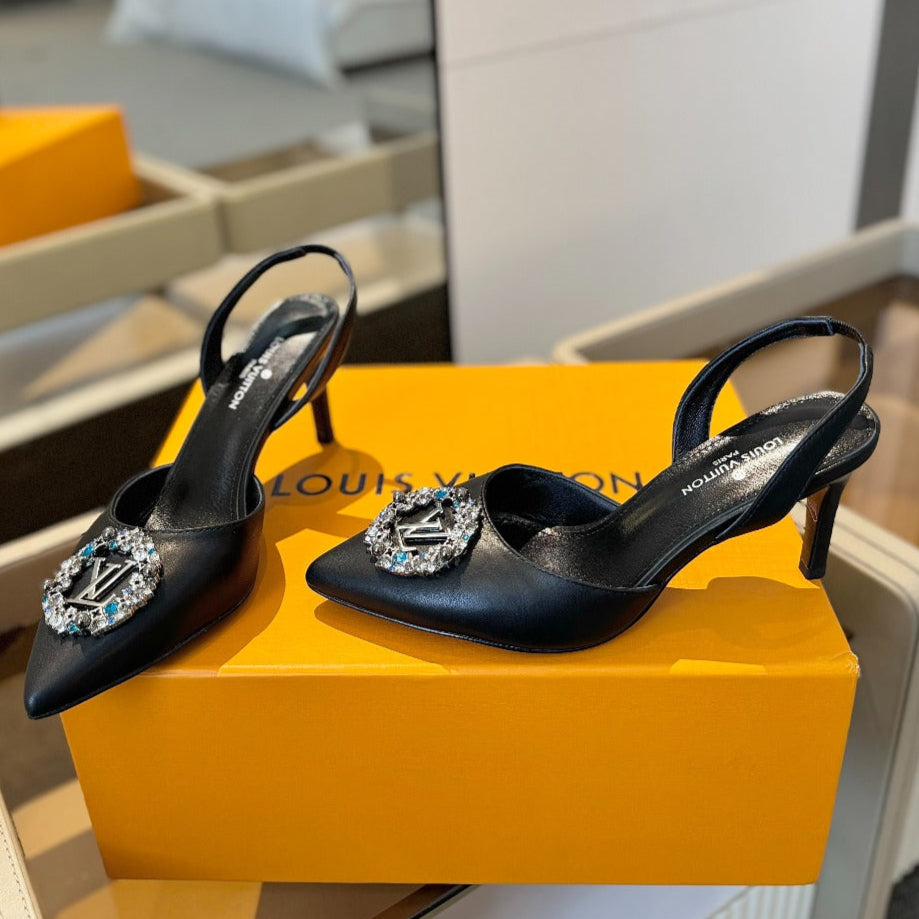 HIGH HEEL 75 MM SLINGBACK IN BLACK CALFSKIN WITH CRYSTAL