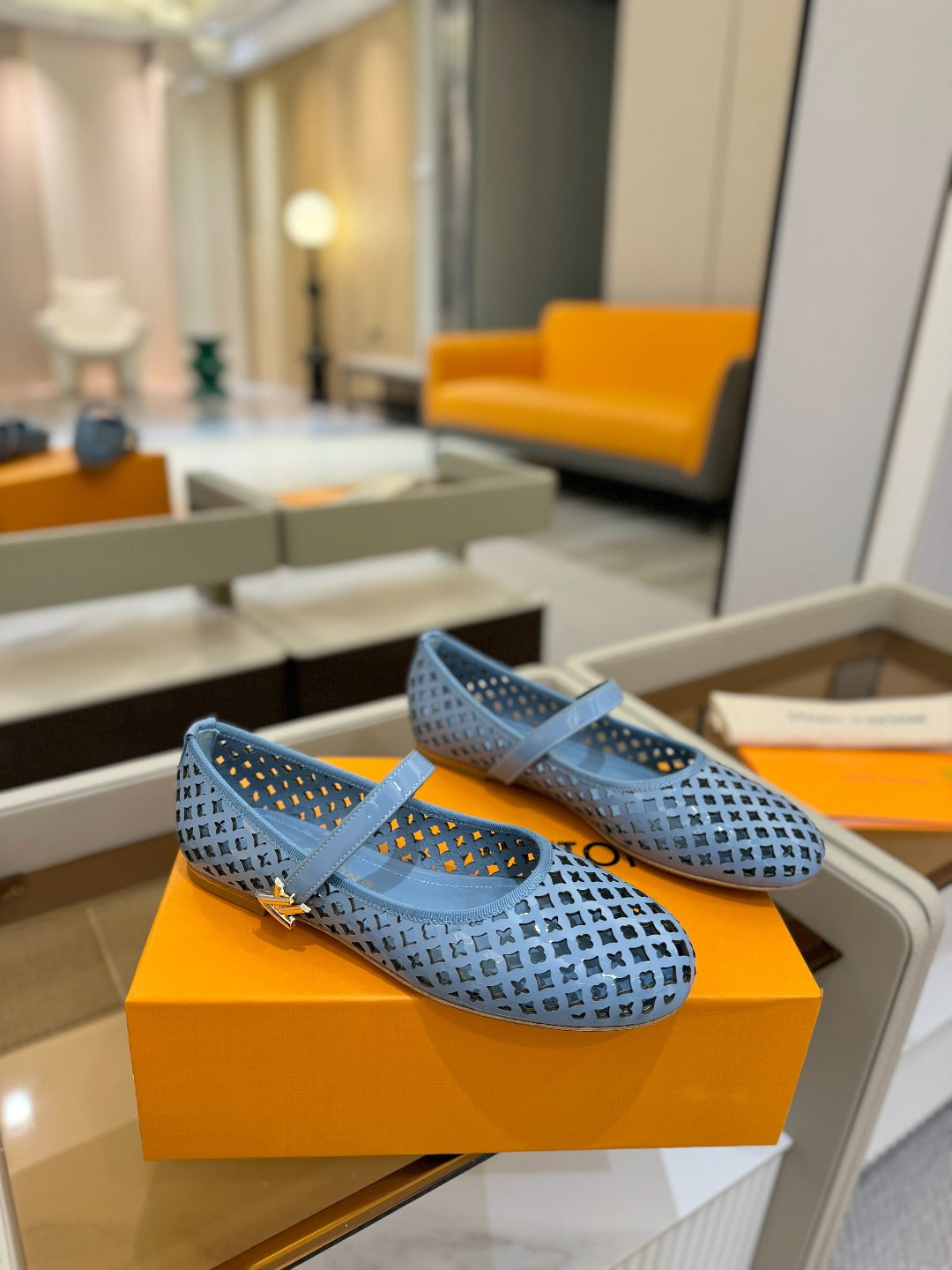 Romy Flat Ballerina Light Blue Perforated Patent Calf Leather 241229