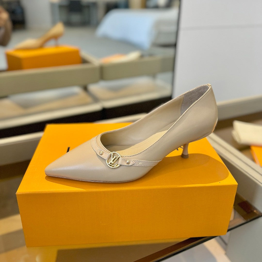 6AM 5.5cm Beige Leather Pumps 241206