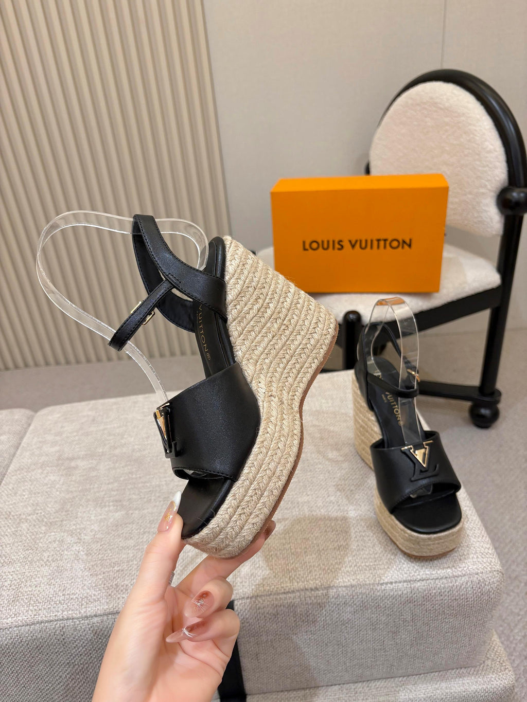 LV Mare Wedge Espadrille 11cm Black Grain Cowhide 847125
