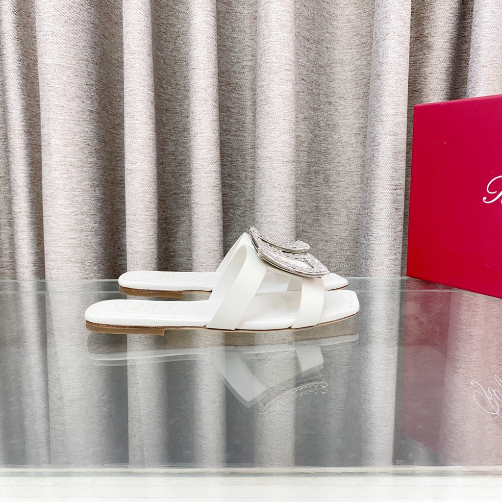 Viv 25 Diamond Flat Slippers White Cowhide 283036