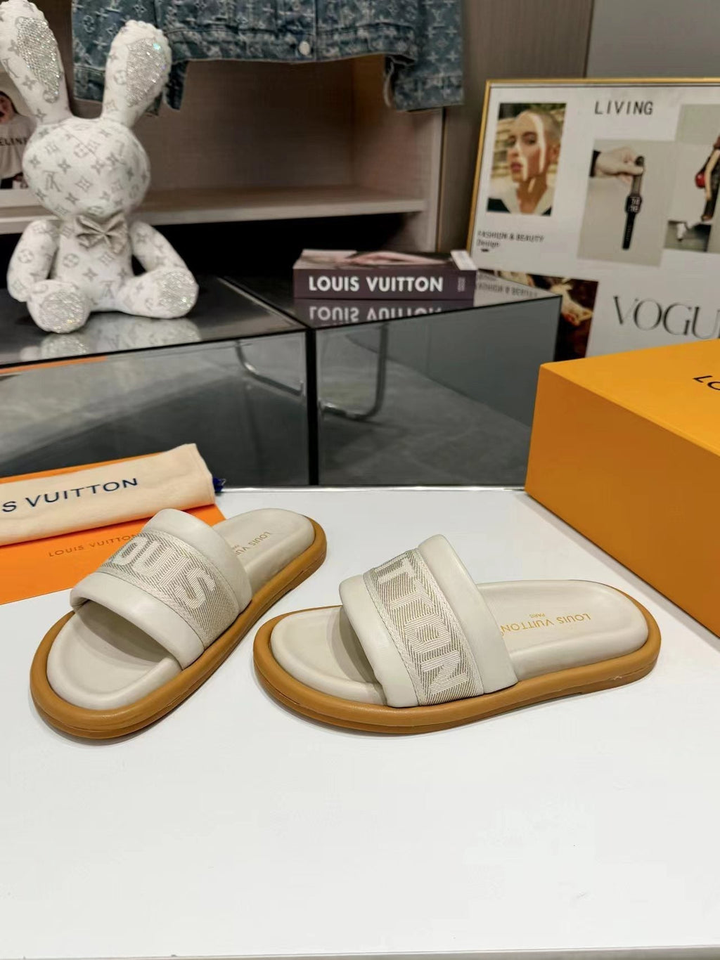 lv bliss flat mule cream canvas calfskin