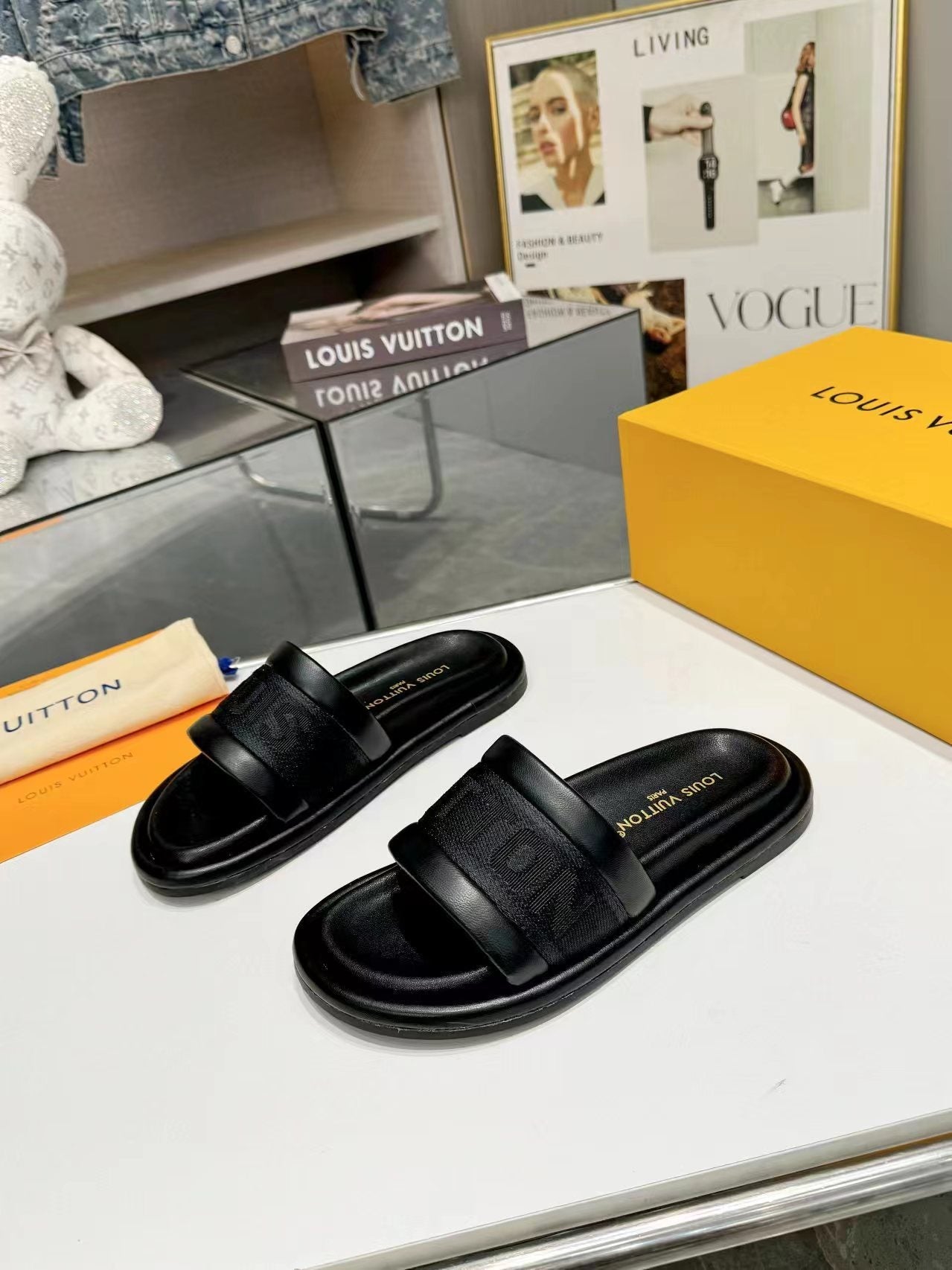 lv bliss flat mule black canvas calfskin