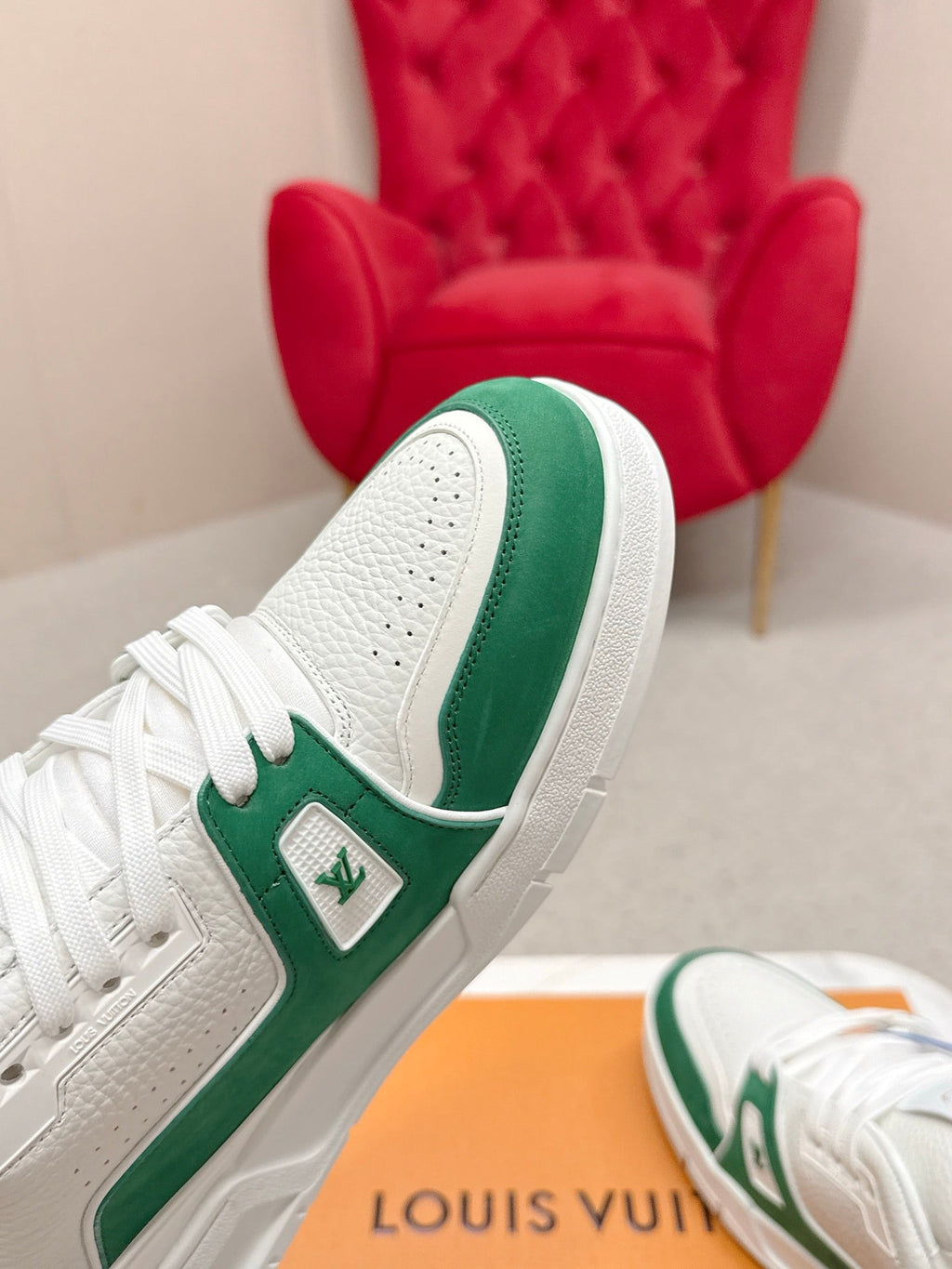 LV Trainer Sneaker White Green Cowhide 859359