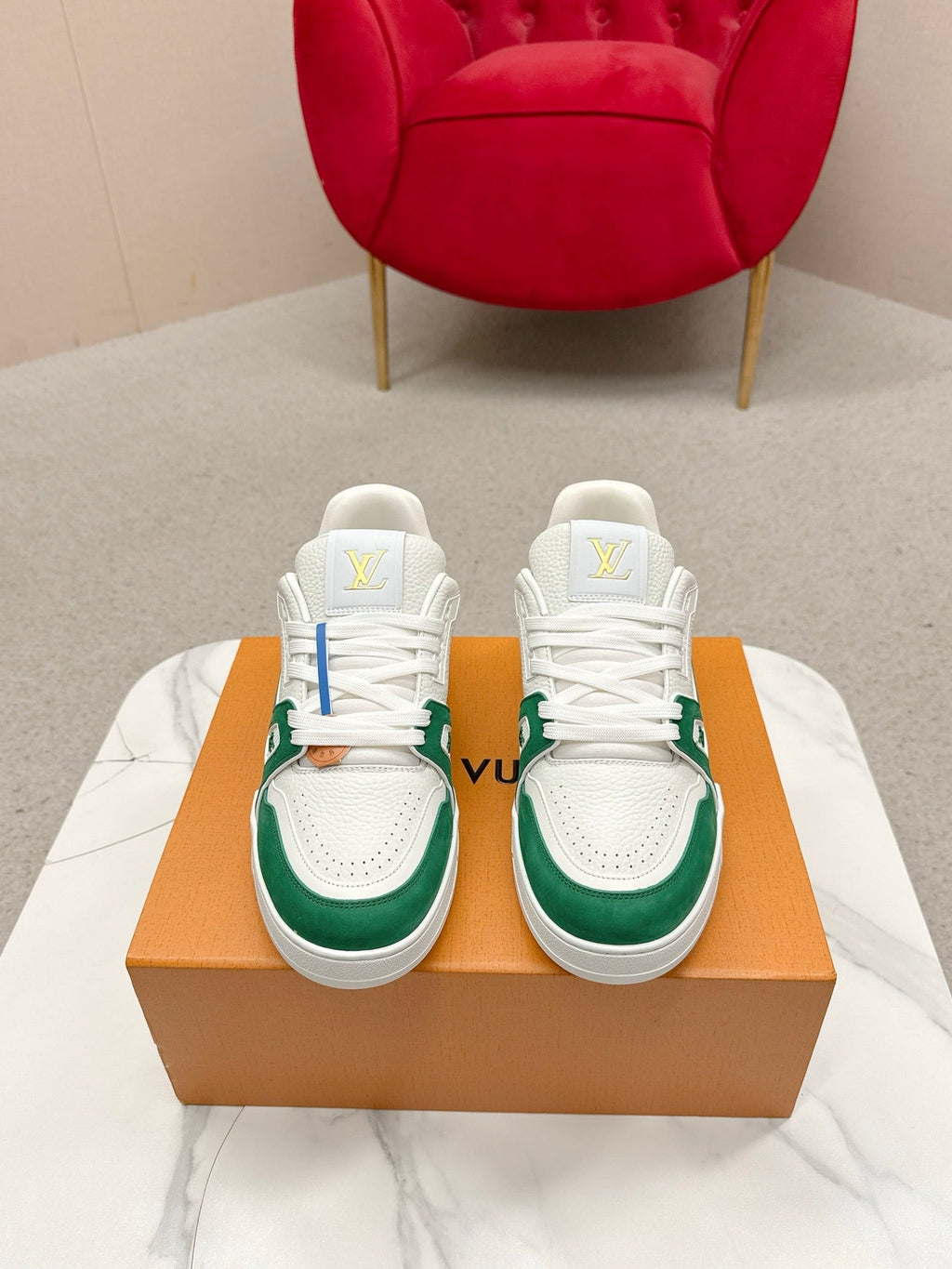 LV Trainer Sneaker White Green Cowhide 859359