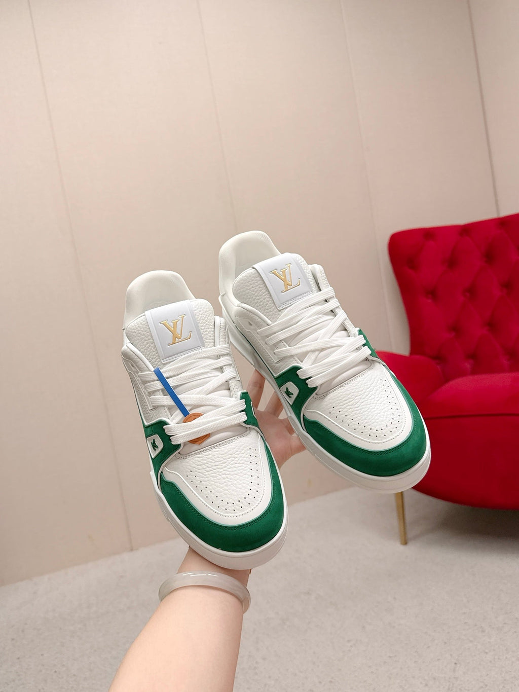 LV Trainer Sneaker White Green Cowhide 859359