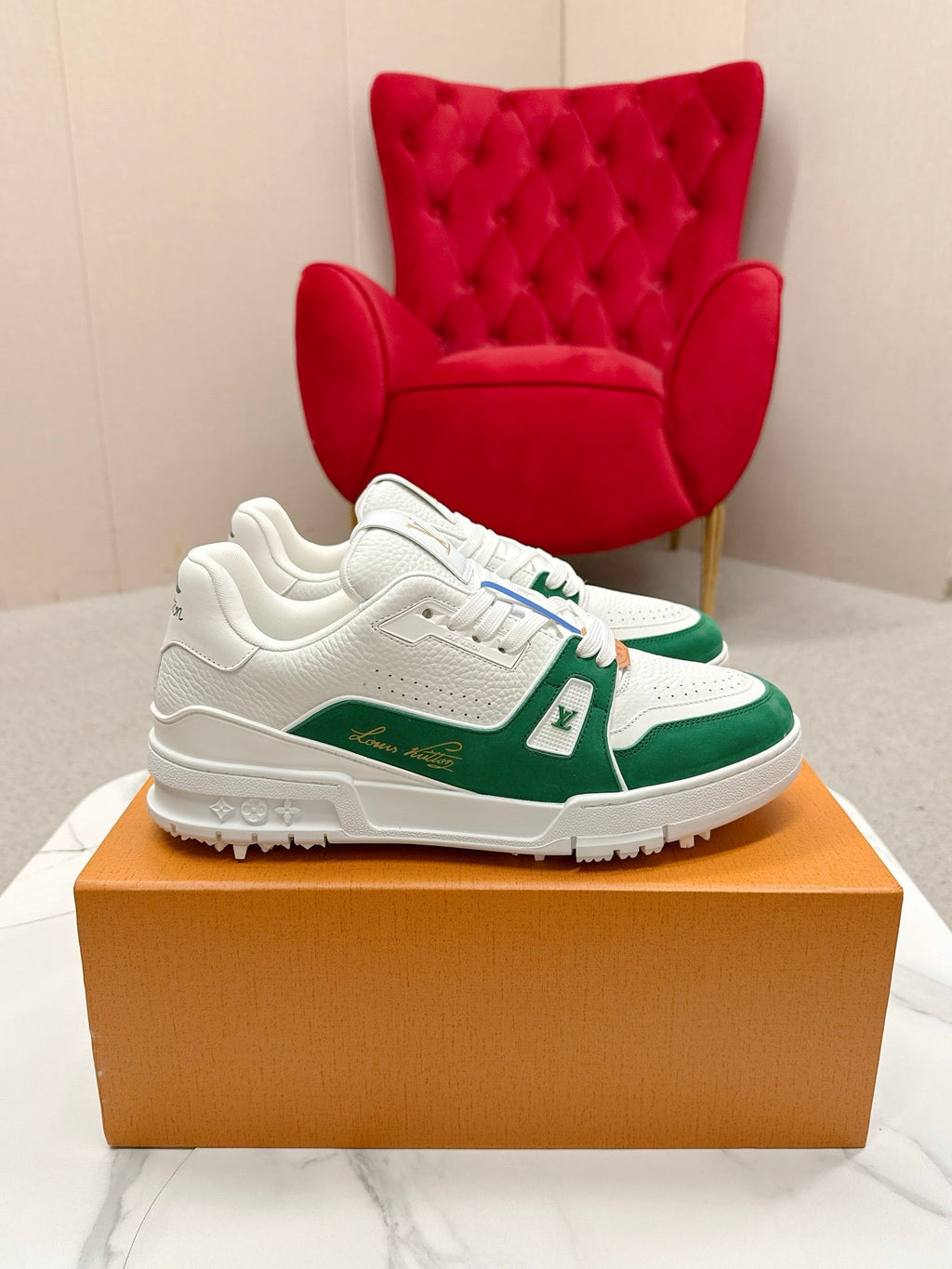 LV Trainer Sneaker White Green Cowhide 859359