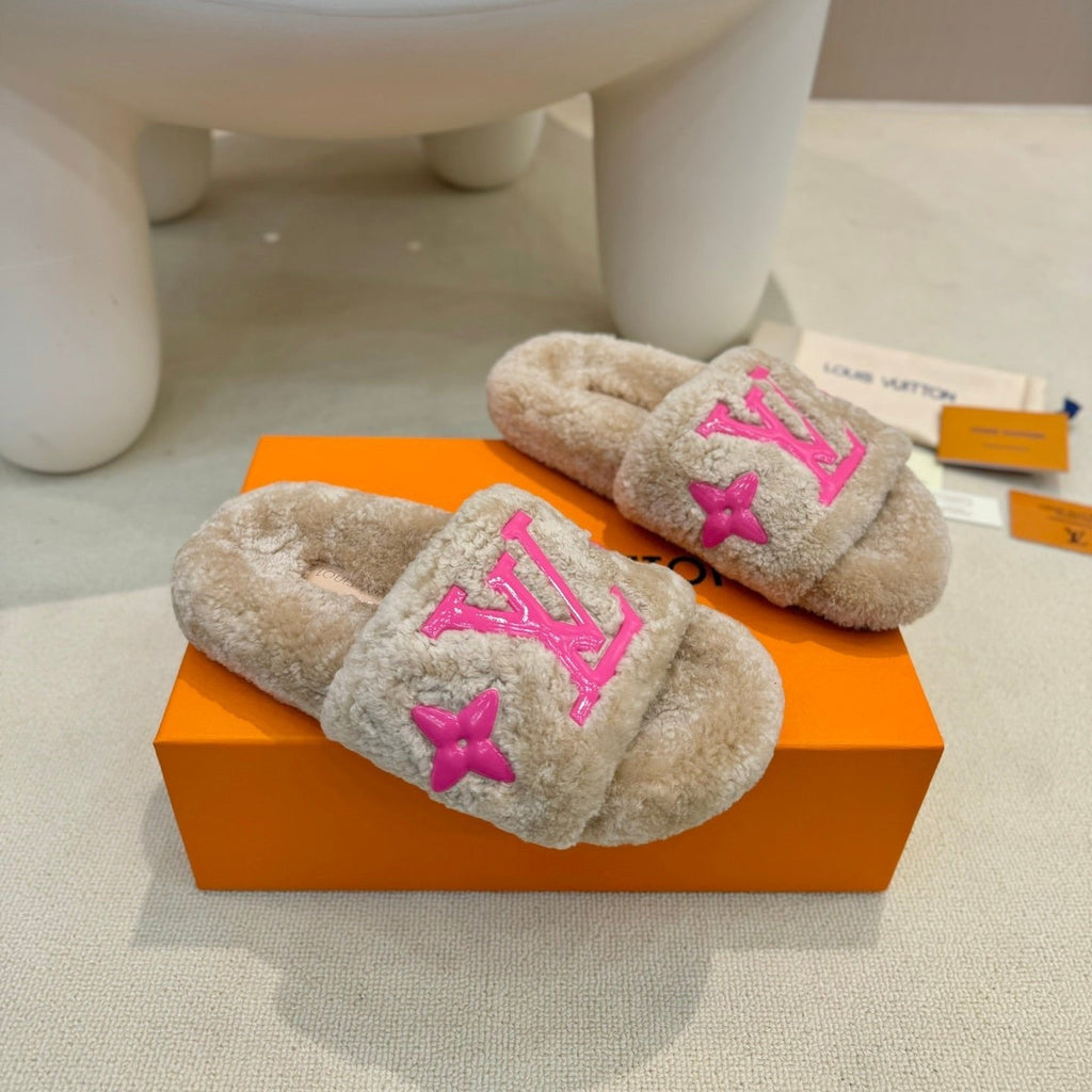 LV Fur Slippers Light Brown With Pink Text Pure Wool