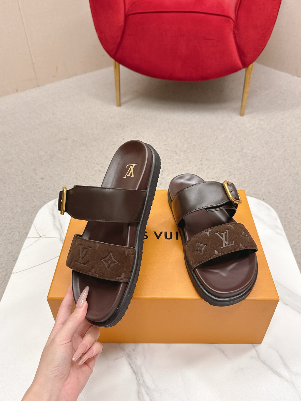 LV Venice Mule Brown Gold Suede 859349