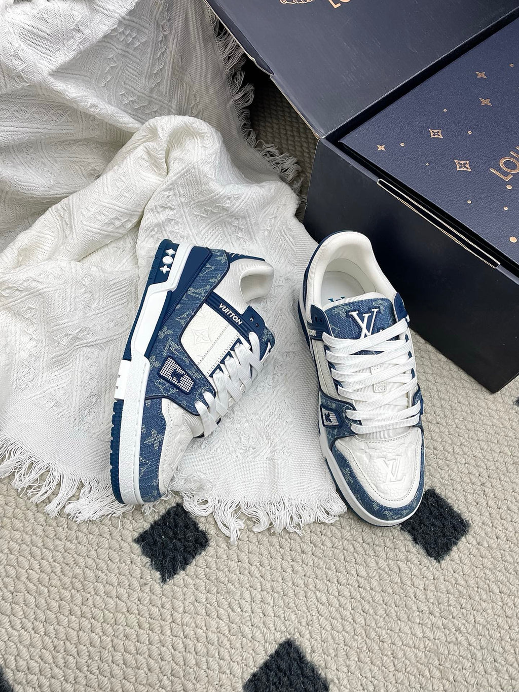 LV Trainer Sneaker Blue White Denim Cowhide 611152