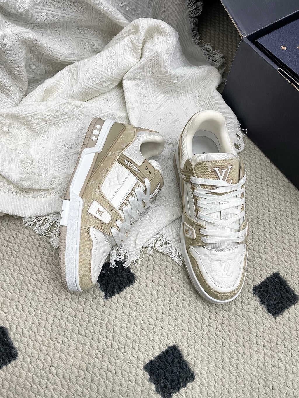 LV Trainer Sneaker White Taupe Denim Cowhide 611153