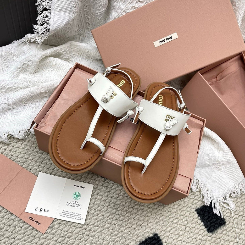 Miu 26 Flip-Flop Flat Sandals Brown White Leather 611338