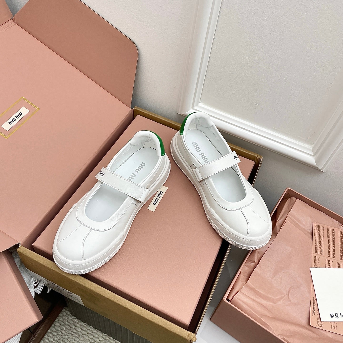 Miu 26s Mary Jane Ballerinas Green White Calfskin 726831