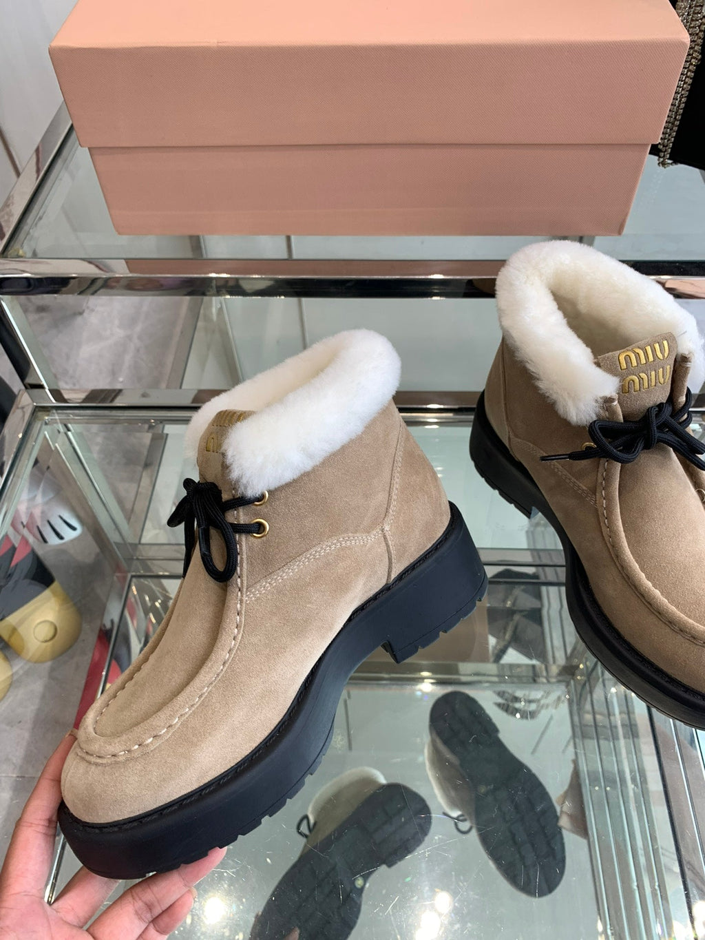 Miu Ankle Boots Khaki Brown Open-Hemmed Cowhide