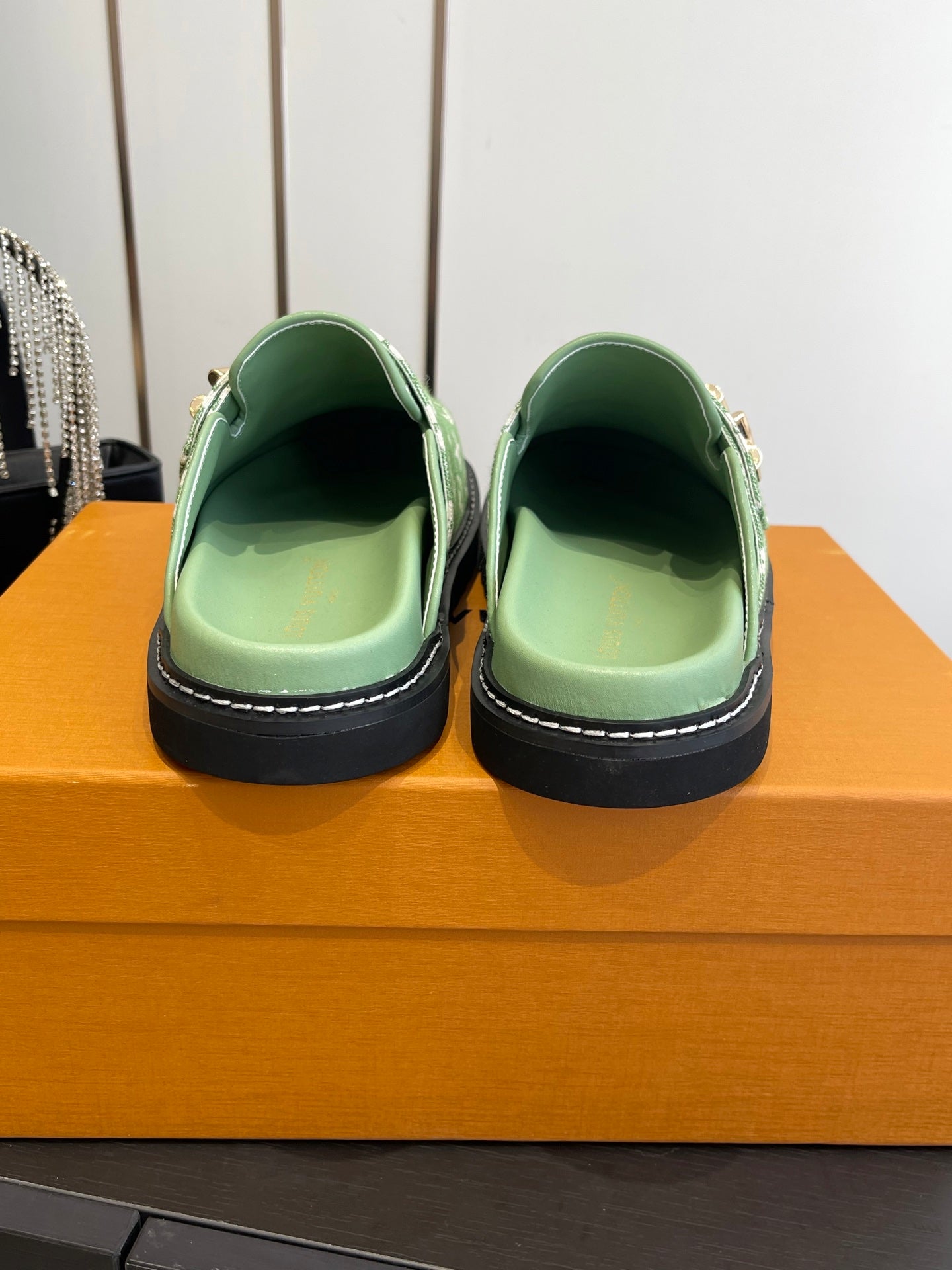 LV Cosy Comfort Mule Sandals Green Gold Denim Monogrammed 533458