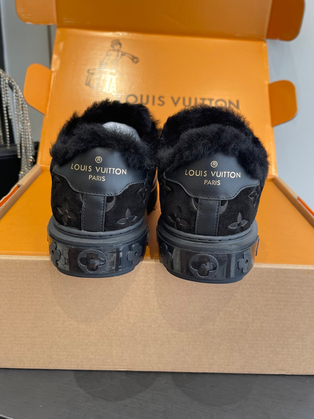 LV Time Out Sneaker 40mm Black Monogram Suede Fleece Lined 533471
